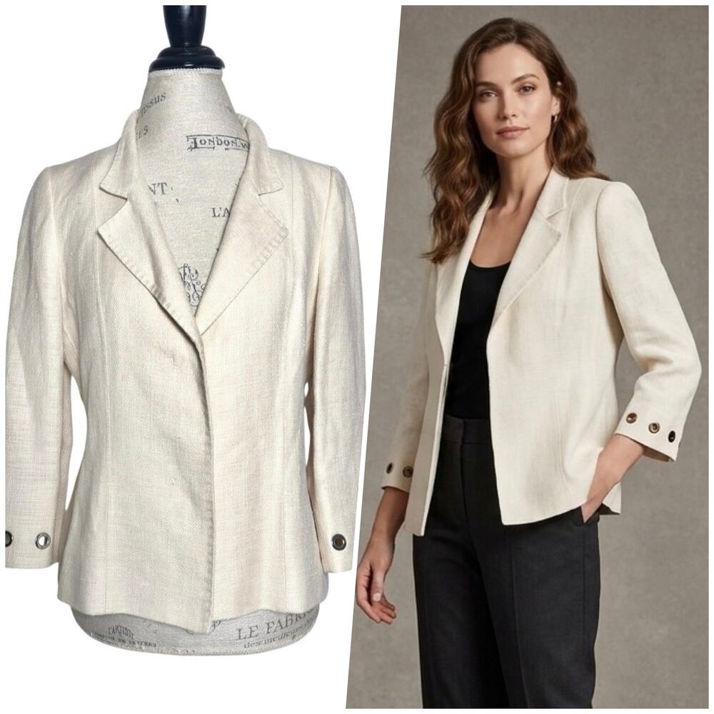 Max Mara | Women | Light Cream Linen Blend Grommet Sleeve Boxy Blazer | Sz 10